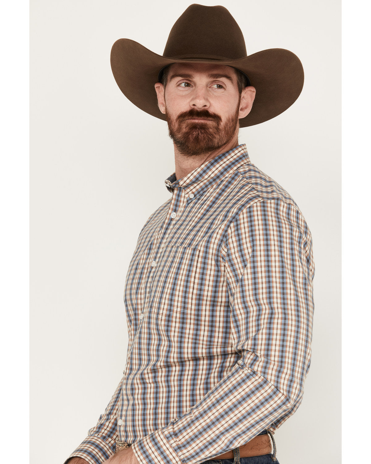 Men's Hayfield Plaid Print Long Sleeve Button-Down Stretch Oatmeal