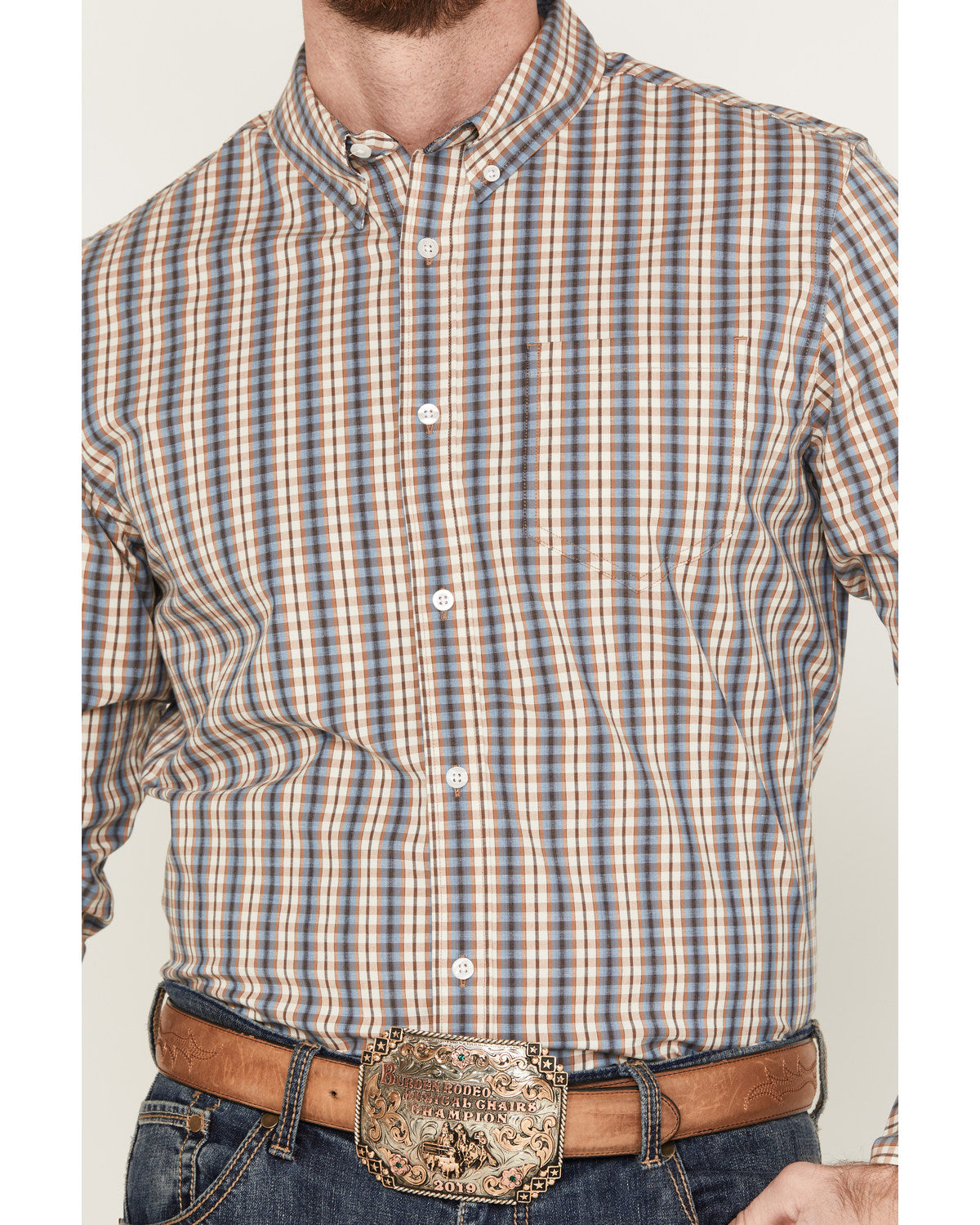 Men's Hayfield Plaid Print Long Sleeve Button-Down Stretch Oatmeal