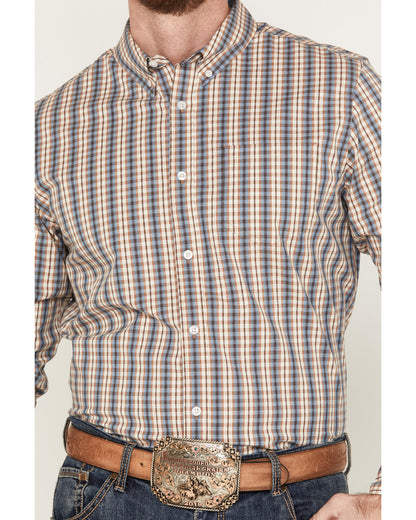 Men's Hayfield Plaid Print Long Sleeve Button-Down Stretch Oatmeal