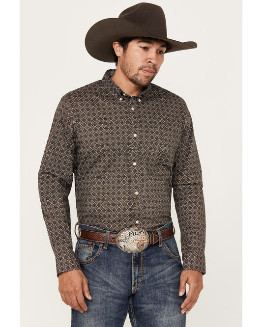 Men's Money Maker Print Long Sleeve Button-Down Western Shi Dark Brown