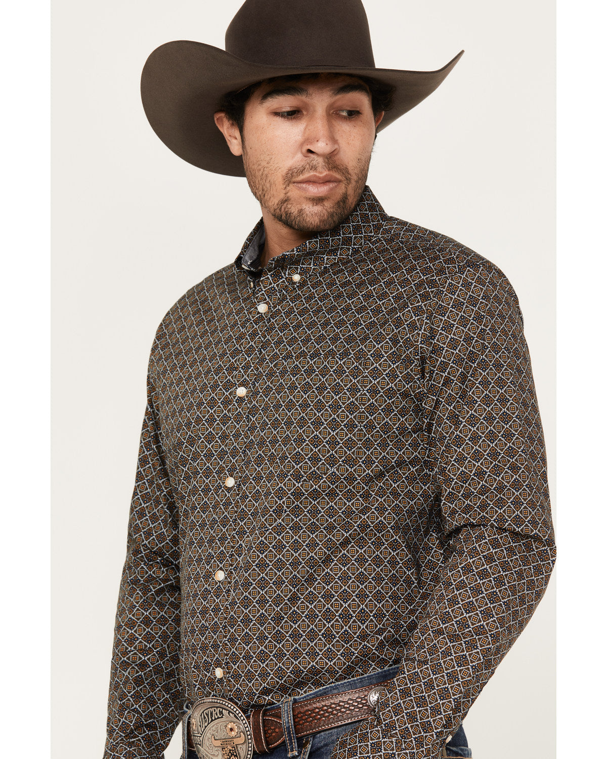 Men's Money Maker Print Long Sleeve Button-Down Western Shi Dark Brown