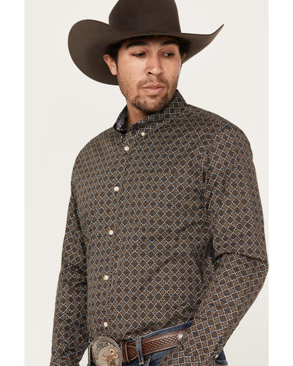 Men's Money Maker Print Long Sleeve Button-Down Western Shi Dark Brown
