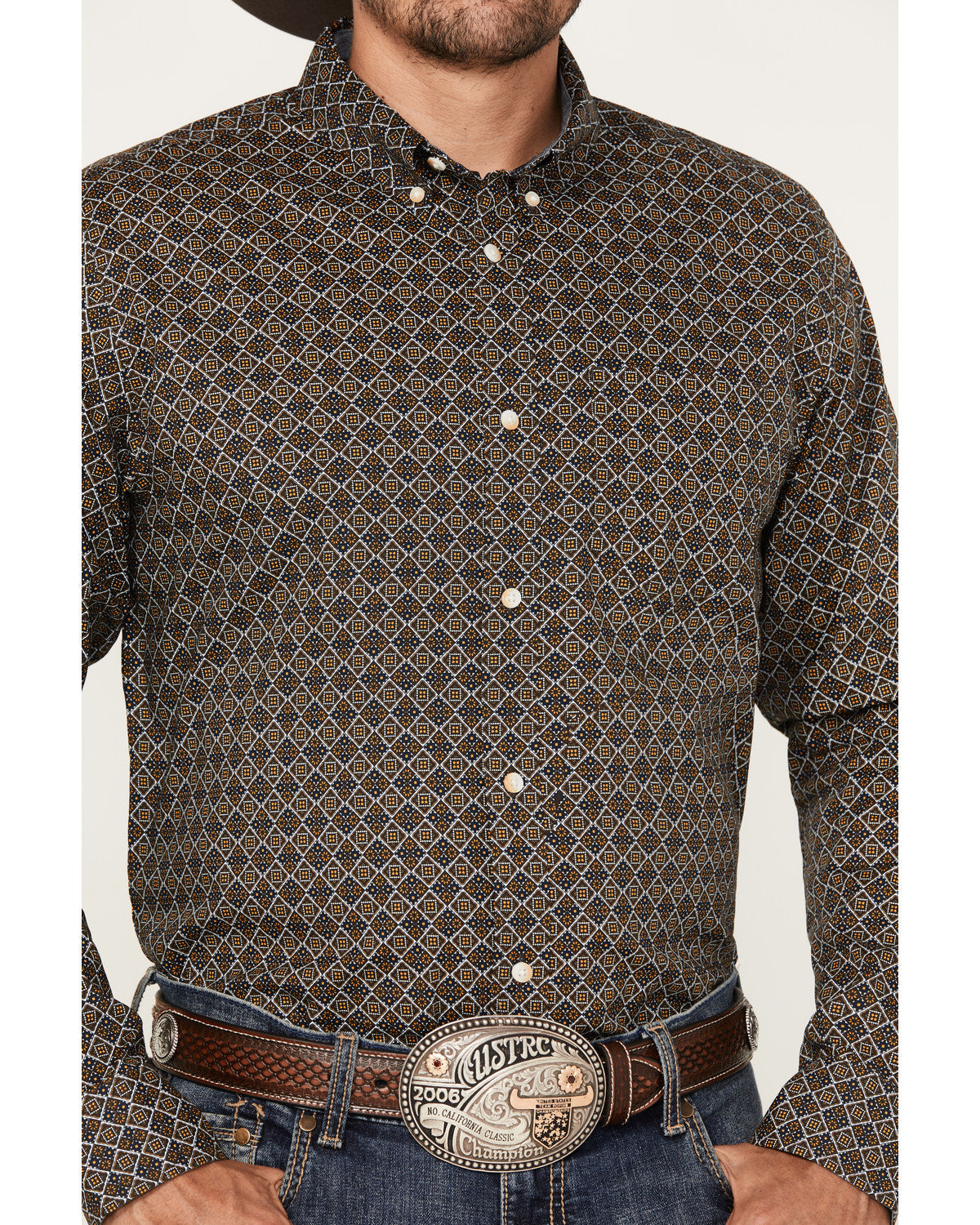 Men's Money Maker Print Long Sleeve Button-Down Western Shi Dark Brown