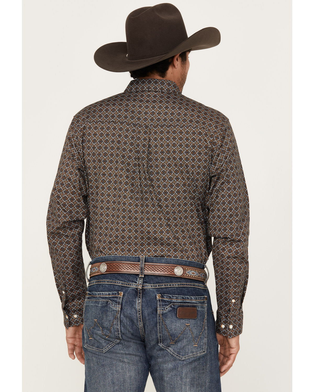 Men's Money Maker Print Long Sleeve Button-Down Western Shi Dark Brown