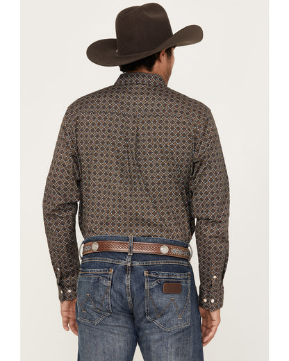 Men's Money Maker Print Long Sleeve Button-Down Western Shi Dark Brown