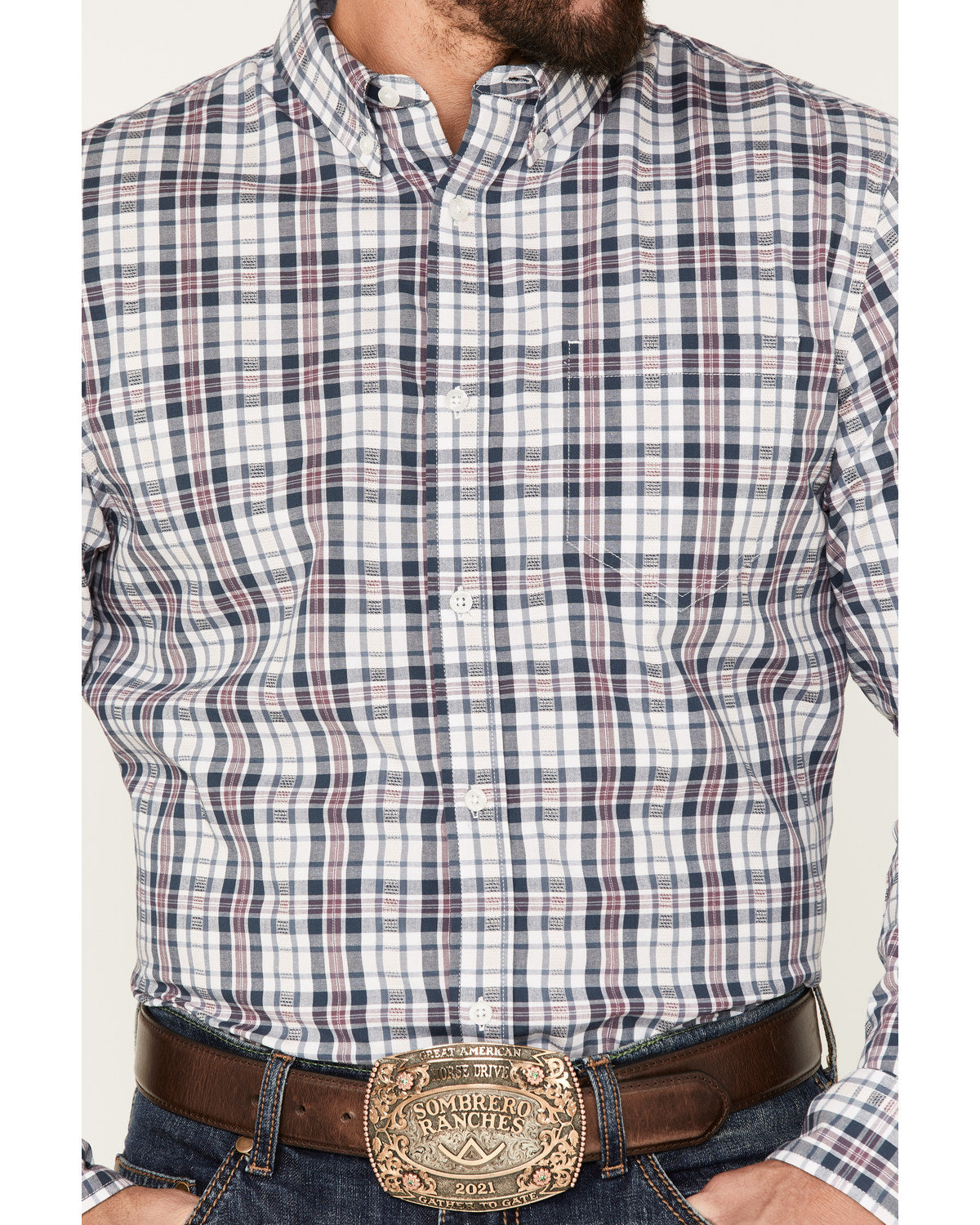 Men's Tonight Small Plaid Print Button-Down Western Shirt White