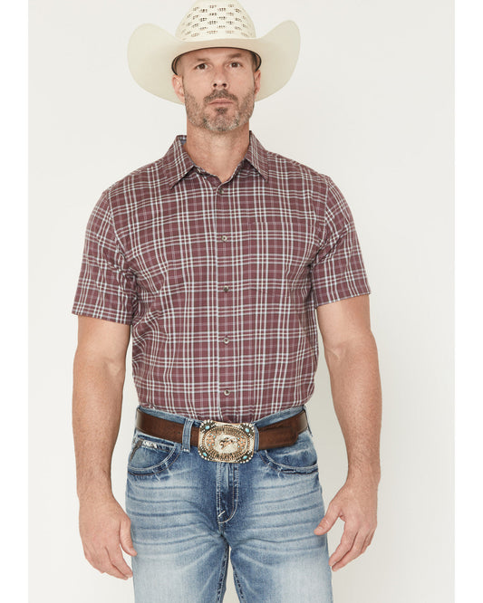 Men's Cowboy Brew Plaid Print Short Sleeve Button-Down Stre Burgundy