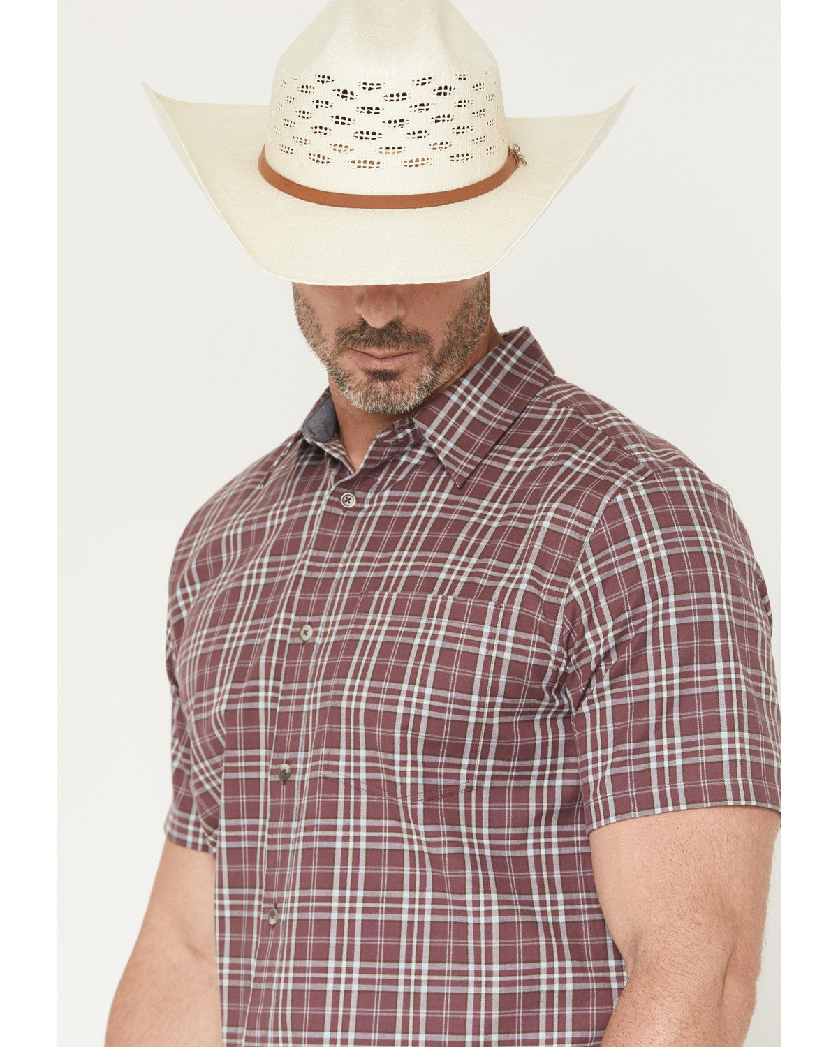 Men's Cowboy Brew Plaid Print Short Sleeve Button-Down Stre Burgundy