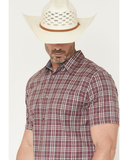 Men's Cowboy Brew Plaid Print Short Sleeve Button-Down Stre Burgundy