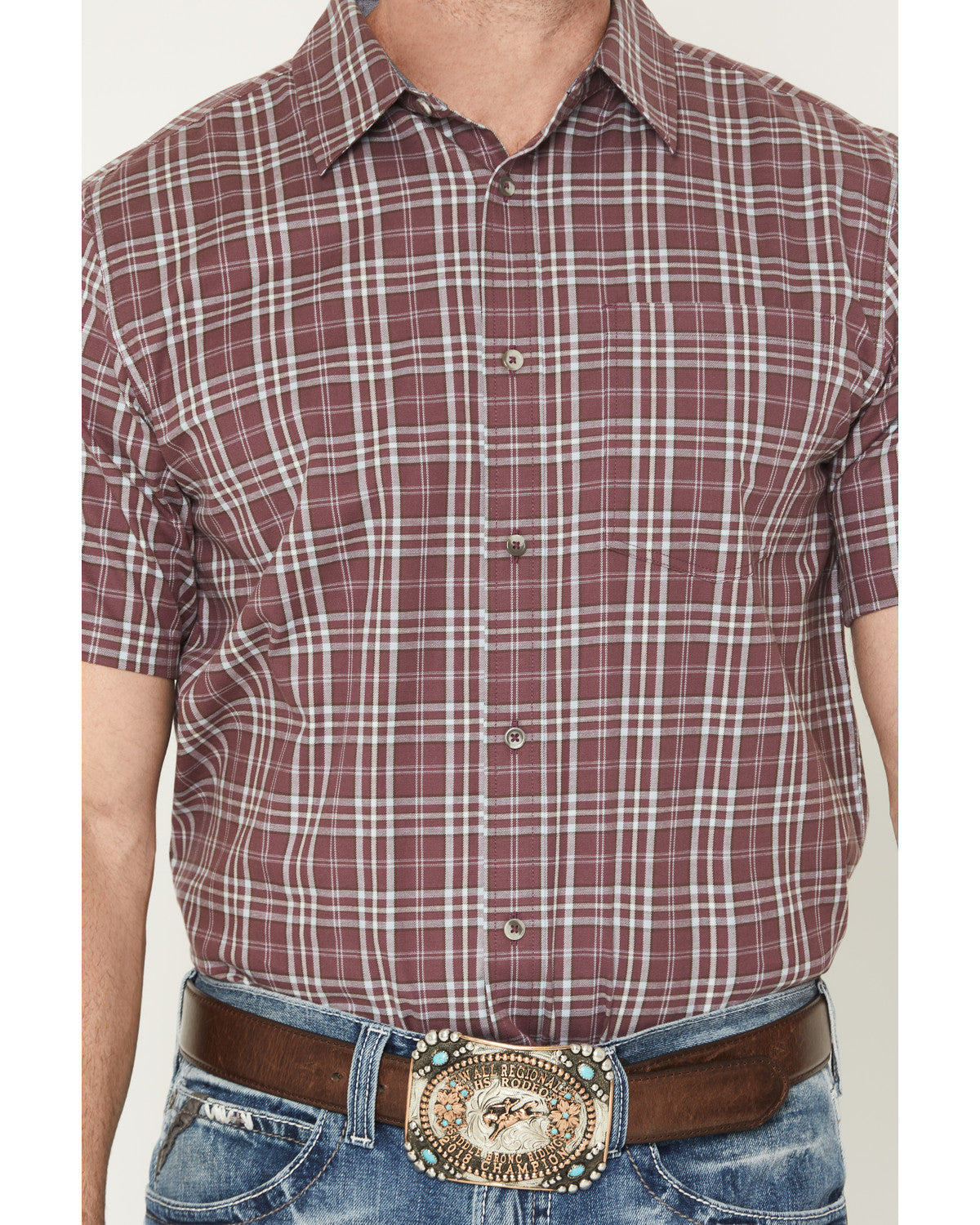 Men's Cowboy Brew Plaid Print Short Sleeve Button-Down Stre Burgundy