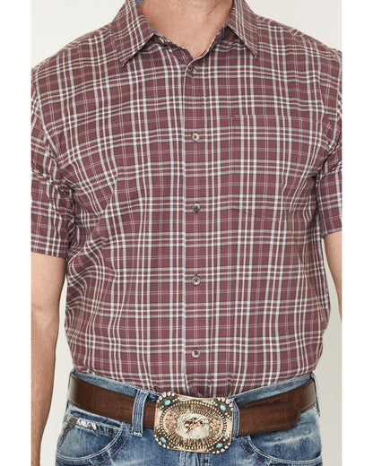 Men's Cowboy Brew Plaid Print Short Sleeve Button-Down Stre Burgundy