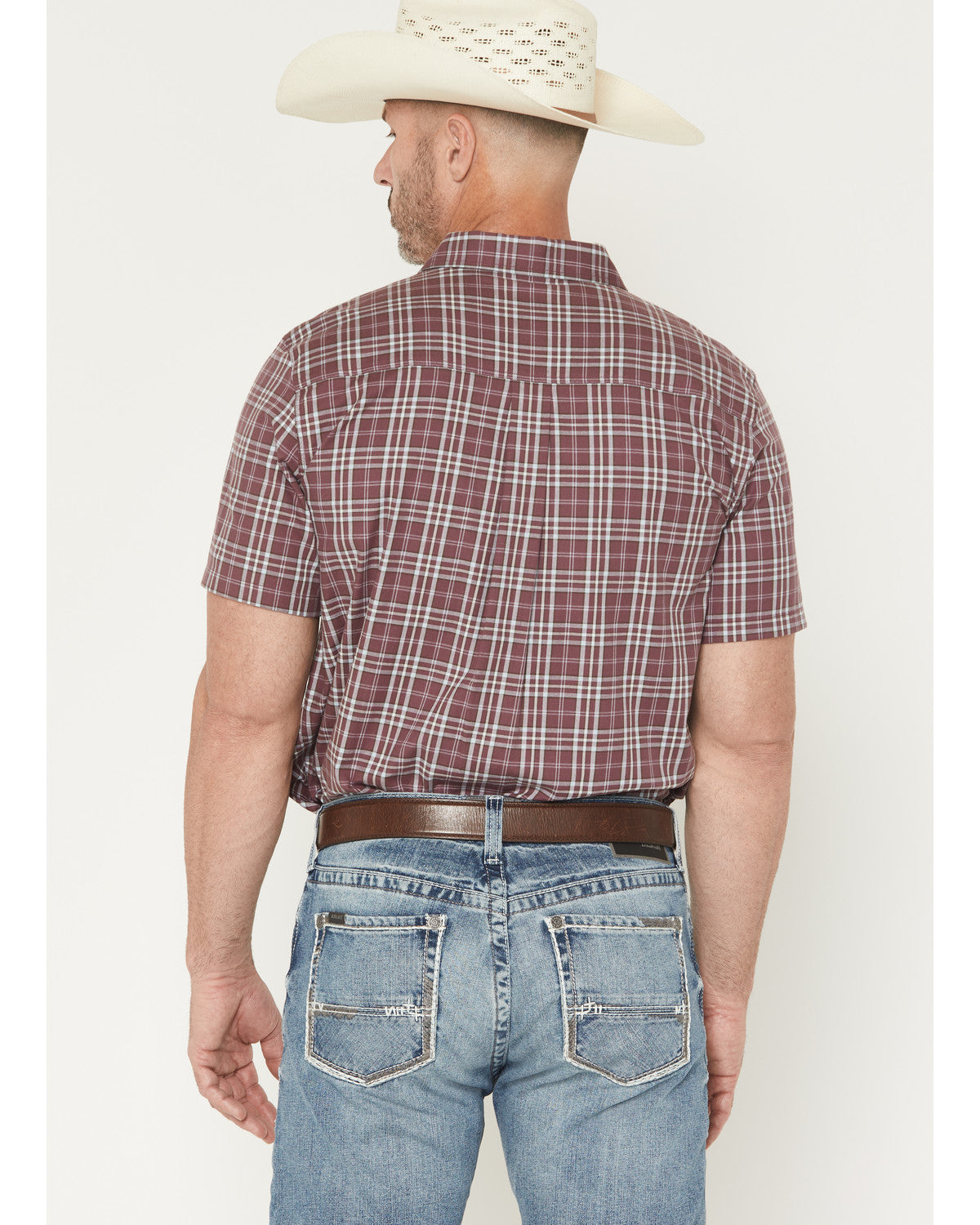 Men's Cowboy Brew Plaid Print Short Sleeve Button-Down Stre Burgundy