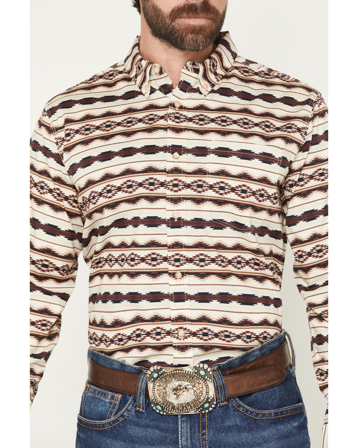 Men's Maverick Southwestern Print Long Sleeve Button-Down S Cream