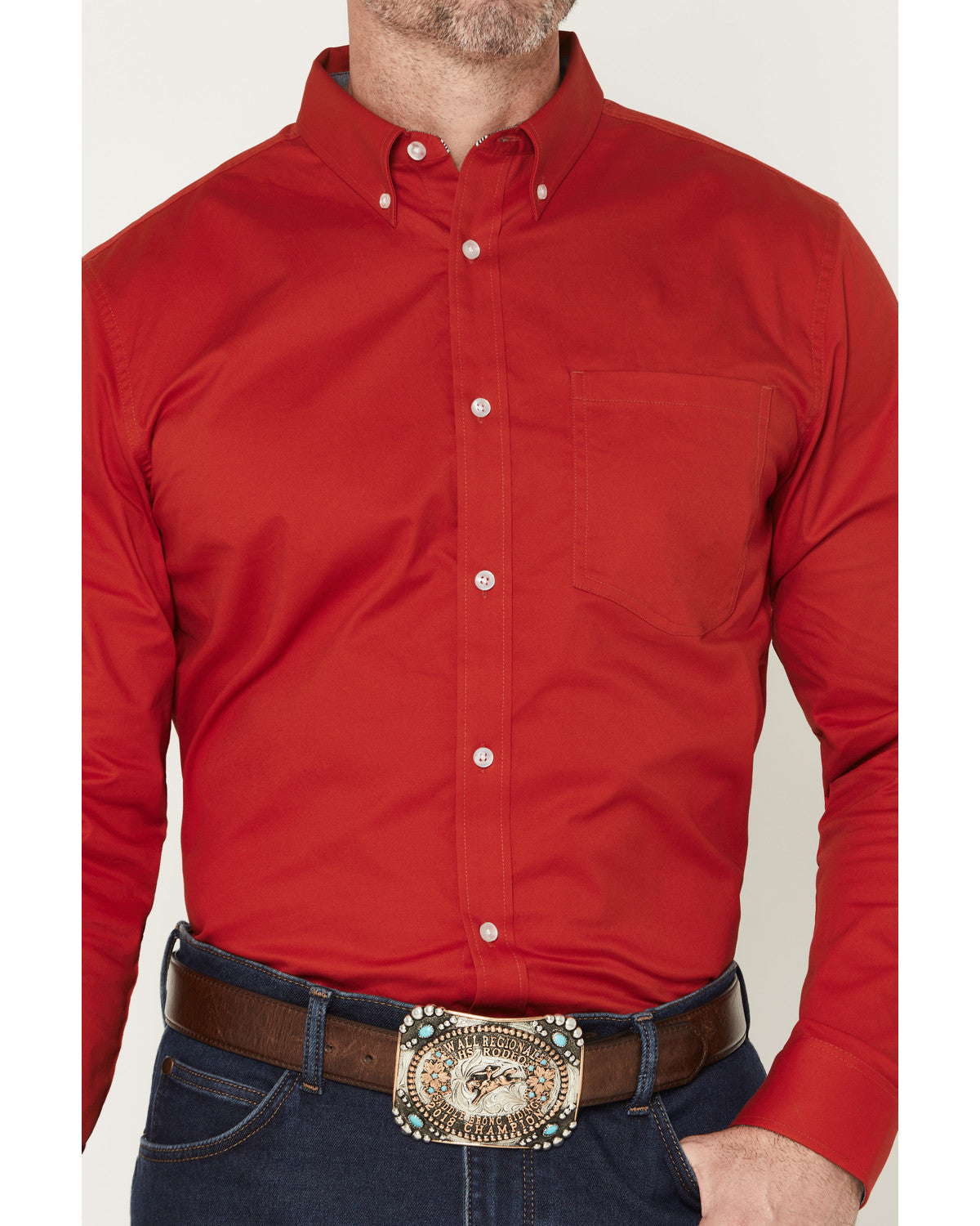 Men's Performance Twill Solid Long Sleeve Button-Down Stret Medium Red