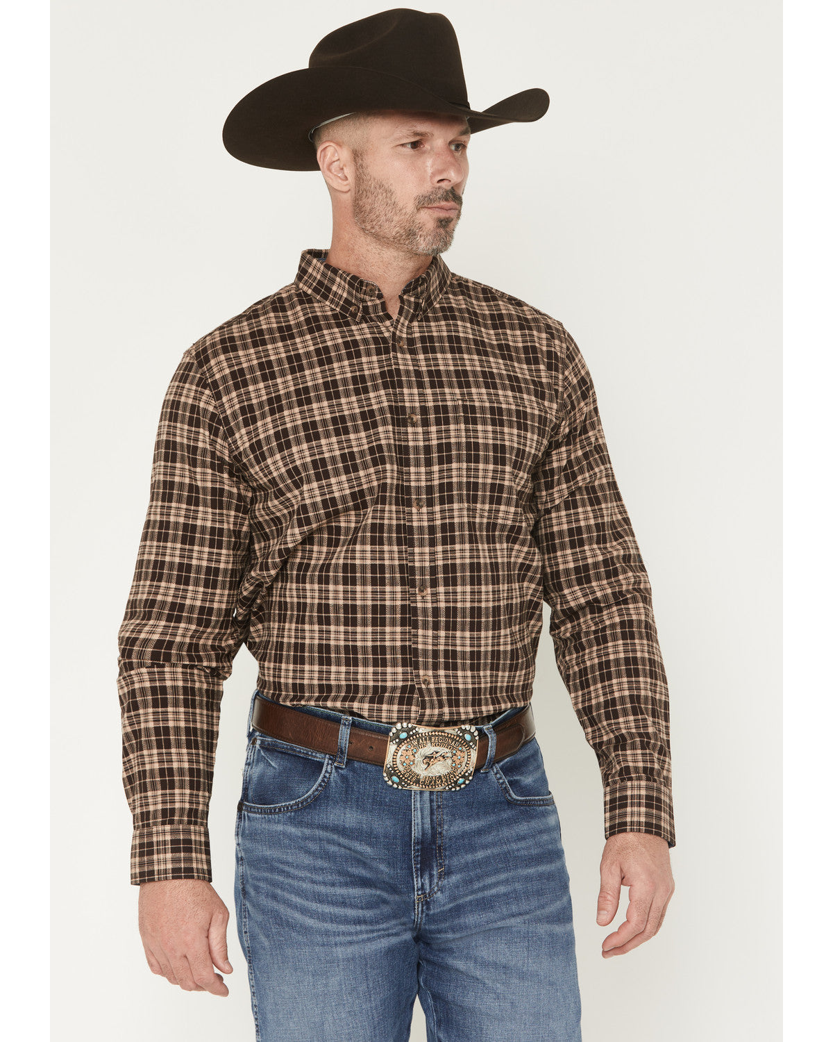Men's Whiskey Ranch Plaid Print Long Sleeve Button-Down Str Brown