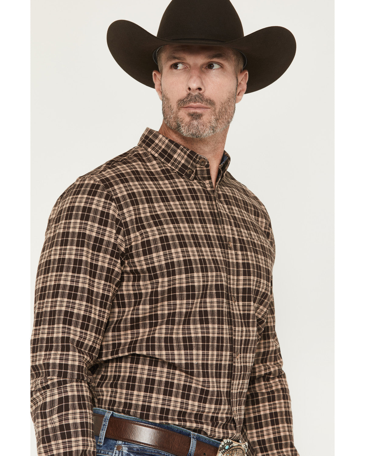 Men's Whiskey Ranch Plaid Print Long Sleeve Button-Down Str Brown