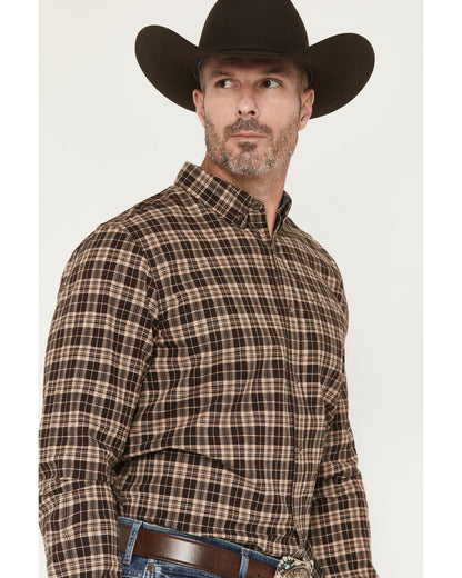 Men's Whiskey Ranch Plaid Print Long Sleeve Button-Down Str Brown