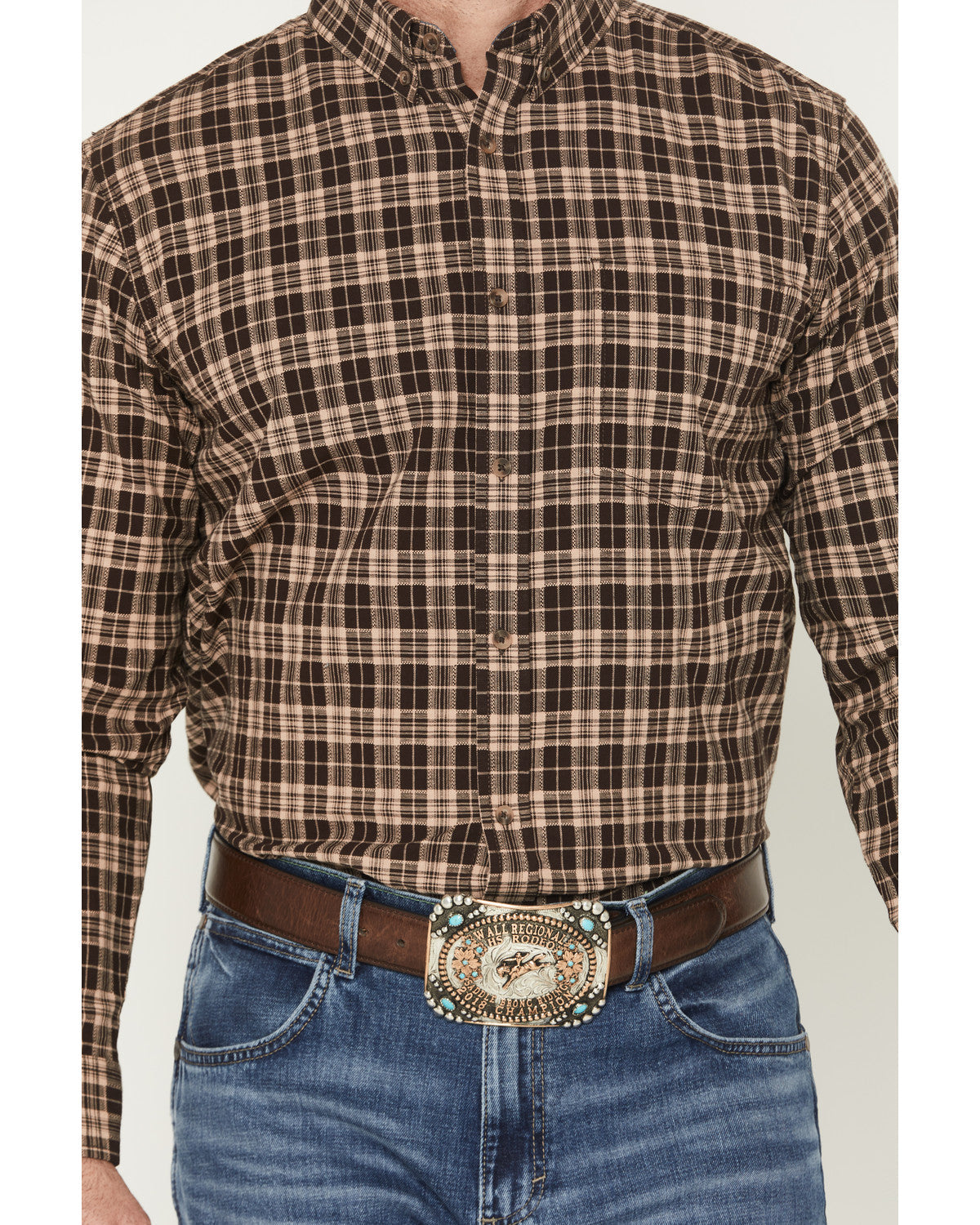 Men's Whiskey Ranch Plaid Print Long Sleeve Button-Down Str Brown