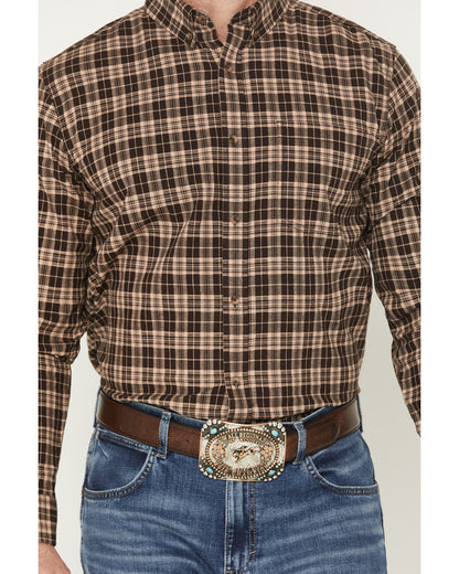 Men's Whiskey Ranch Plaid Print Long Sleeve Button-Down Str Brown