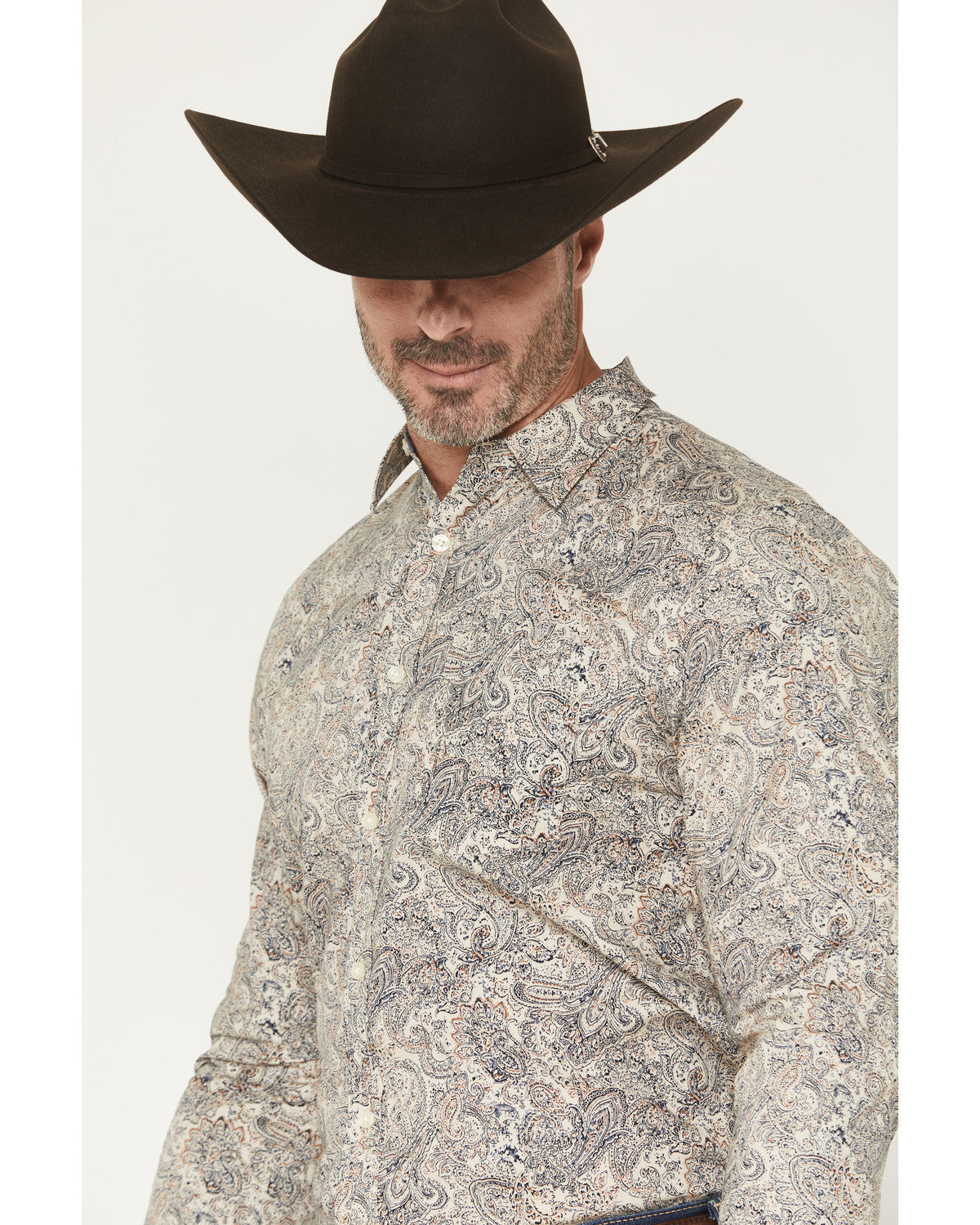Men's Neverland Paisley Print Long Sleeve Button-Down Stret Cream