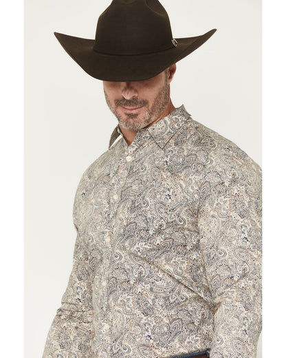 Men's Neverland Paisley Print Long Sleeve Button-Down Stret Cream
