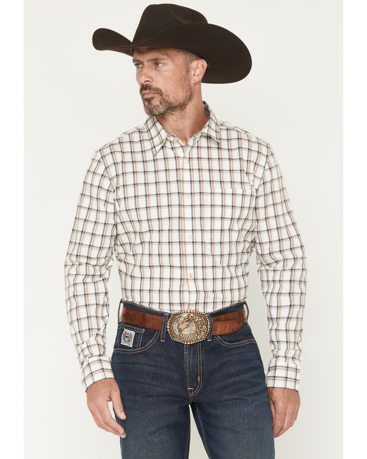 Men's Vista Range Plaid Print Long Sleeve Button-Down Weste White