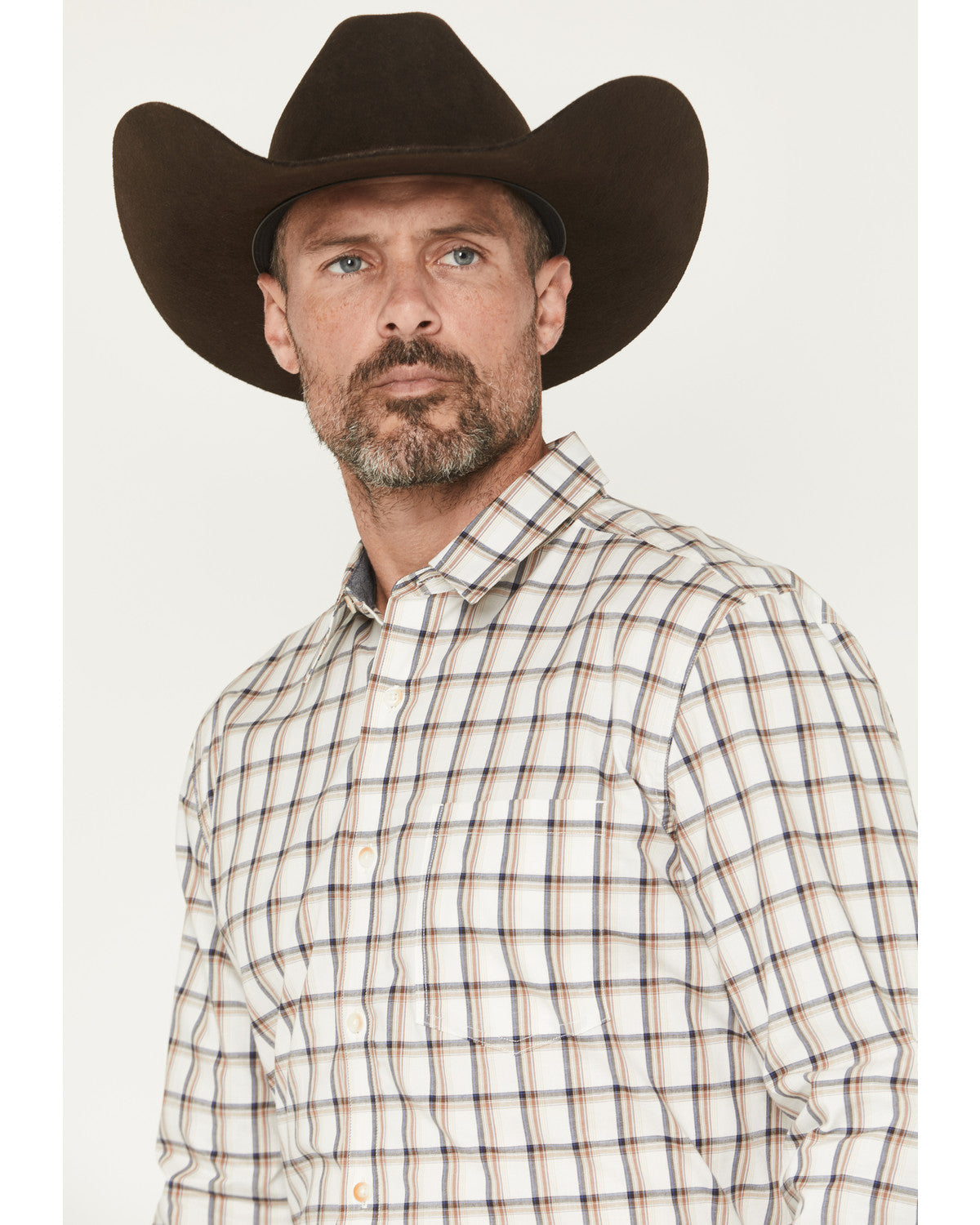 Men's Vista Range Plaid Print Long Sleeve Button-Down Weste White