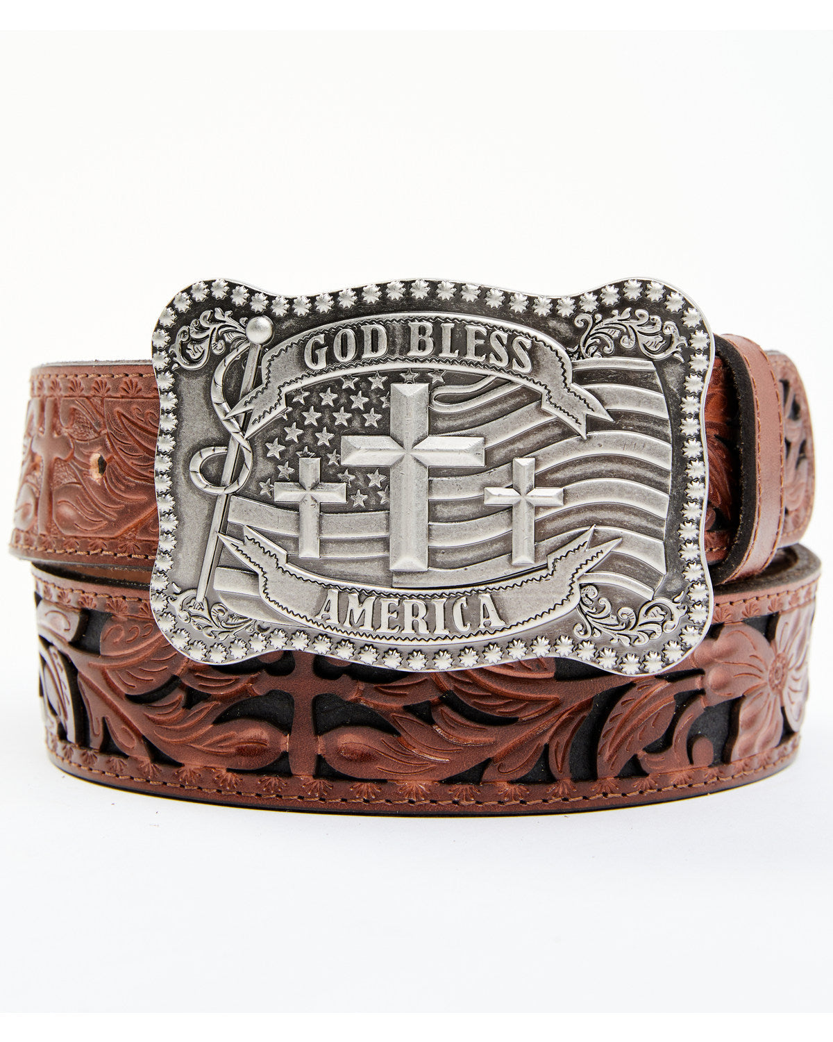 Men's God Bless America Cross Buckle Leather Belt Black/brown