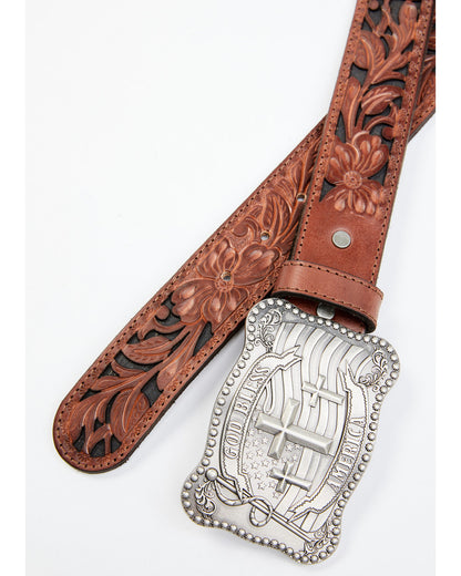 Men's God Bless America Cross Buckle Leather Belt Black/brown