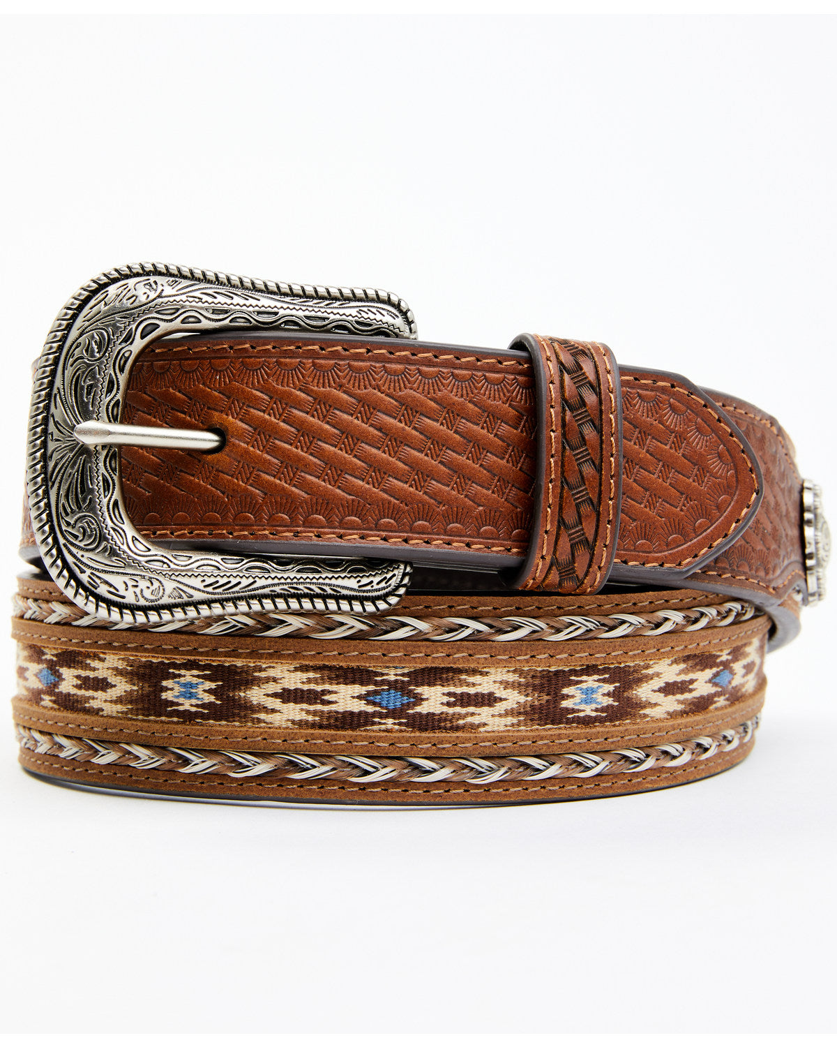 Men's Southwestern Concho Ribbon Inlay Belt Lt Brown