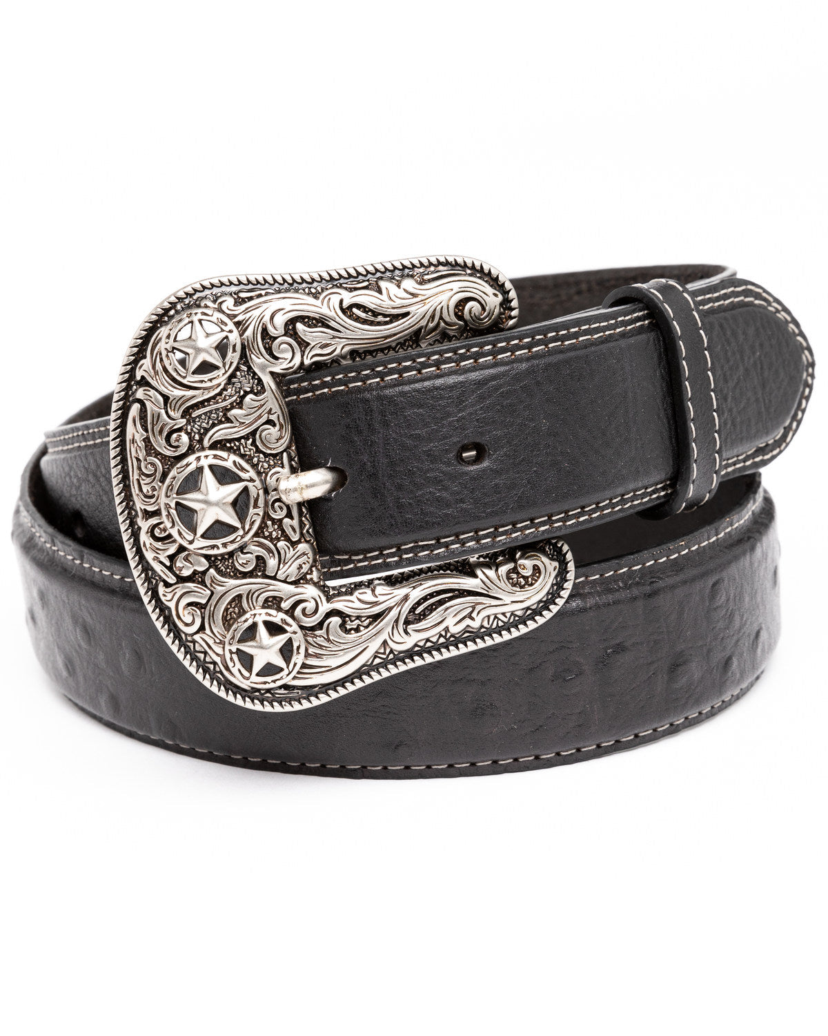 Men's Ostrich Print Embroidered Western Buckle Belt Black