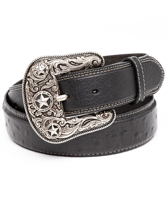 Men's Ostrich Print Embroidered Western Buckle Belt Black