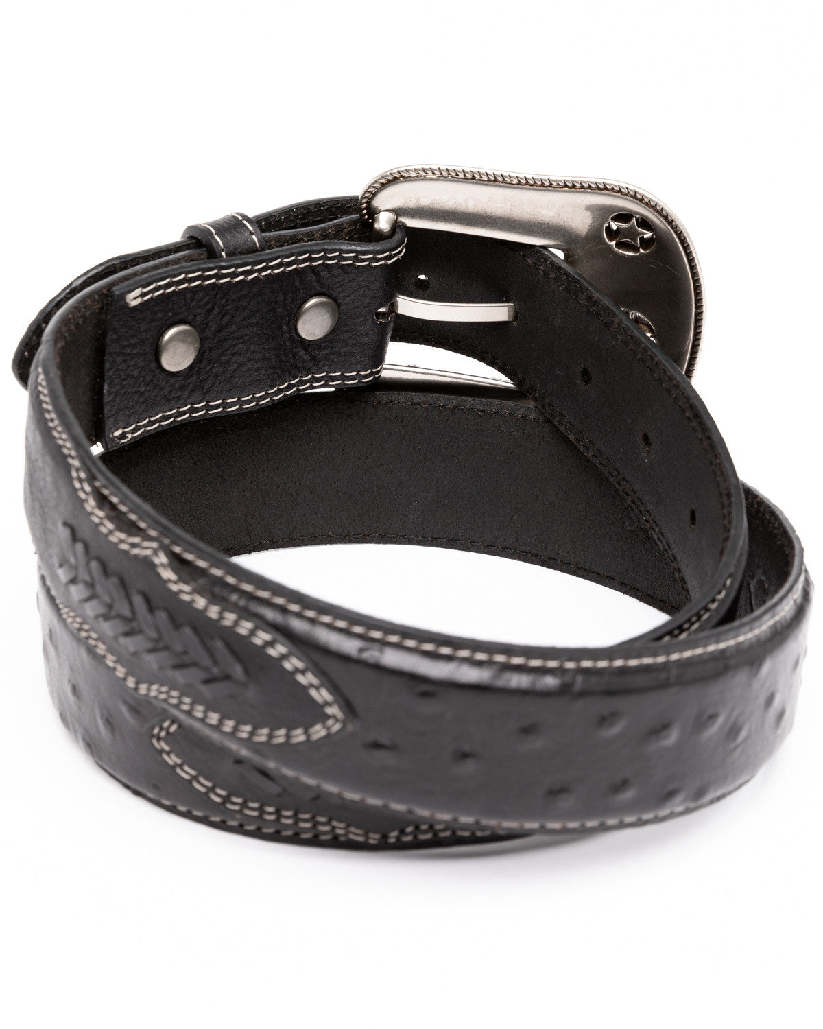Men's Ostrich Print Embroidered Western Buckle Belt Black
