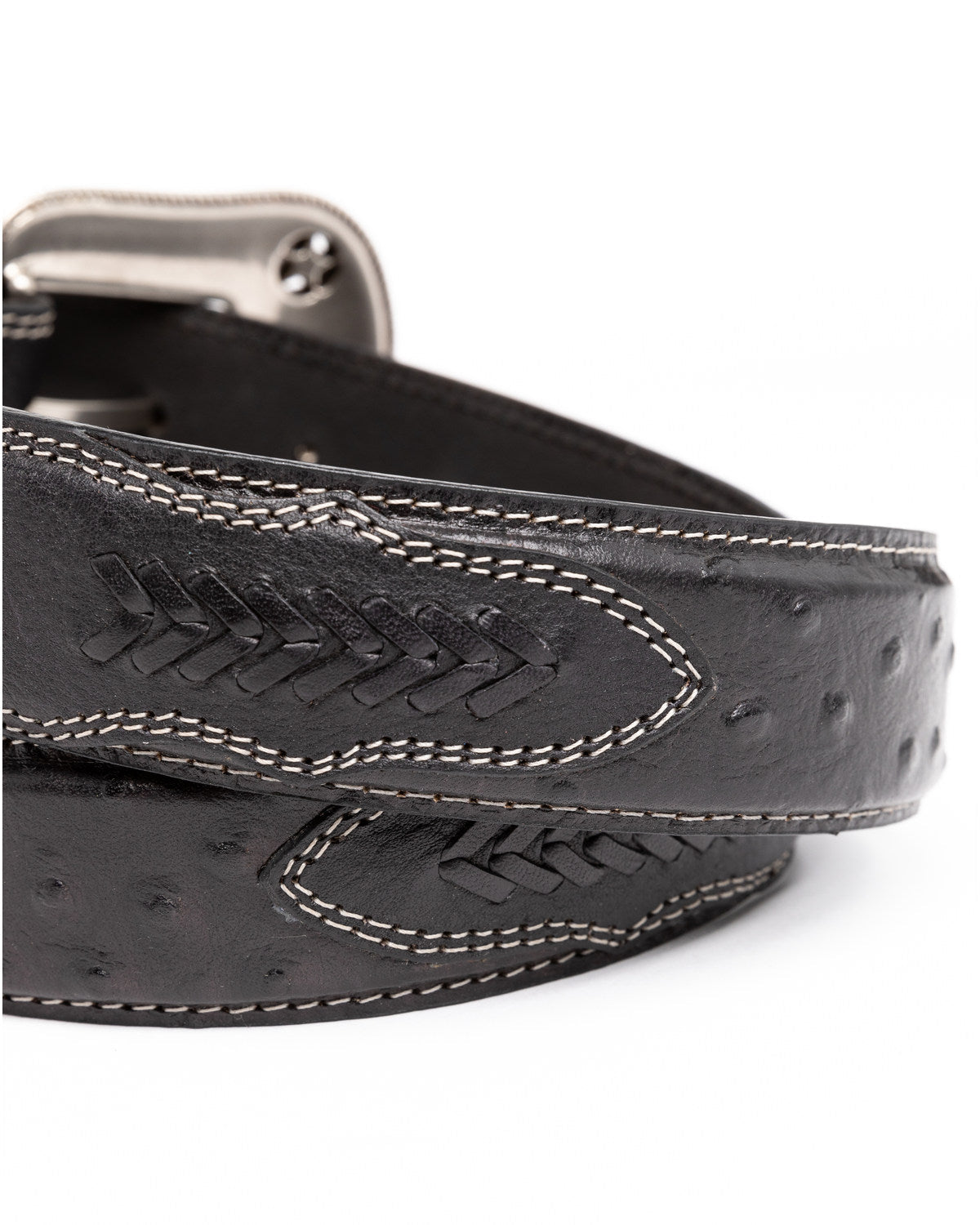 Men's Ostrich Print Embroidered Western Buckle Belt Black