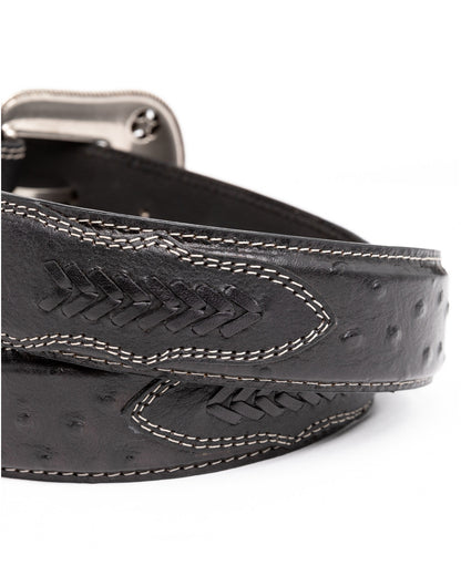 Men's Ostrich Print Embroidered Western Buckle Belt Black