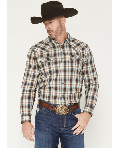 The American Cowboy Southwestern Plaid Print Long Sleeve Sn Brown