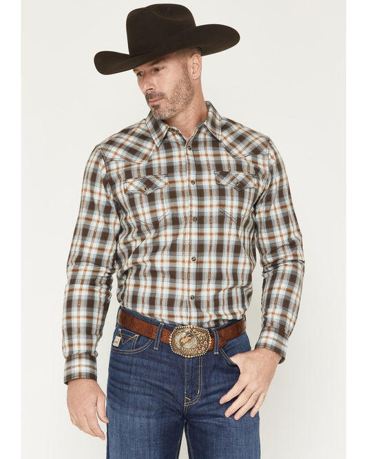 The American Cowboy Southwestern Plaid Print Long Sleeve Sn Brown