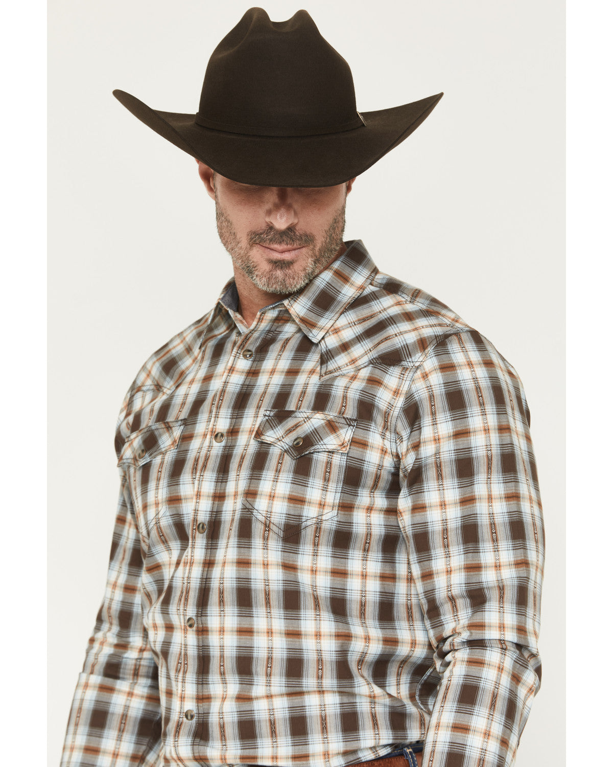 The American Cowboy Southwestern Plaid Print Long Sleeve Sn Brown