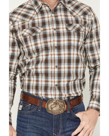 The American Cowboy Southwestern Plaid Print Long Sleeve Sn Brown