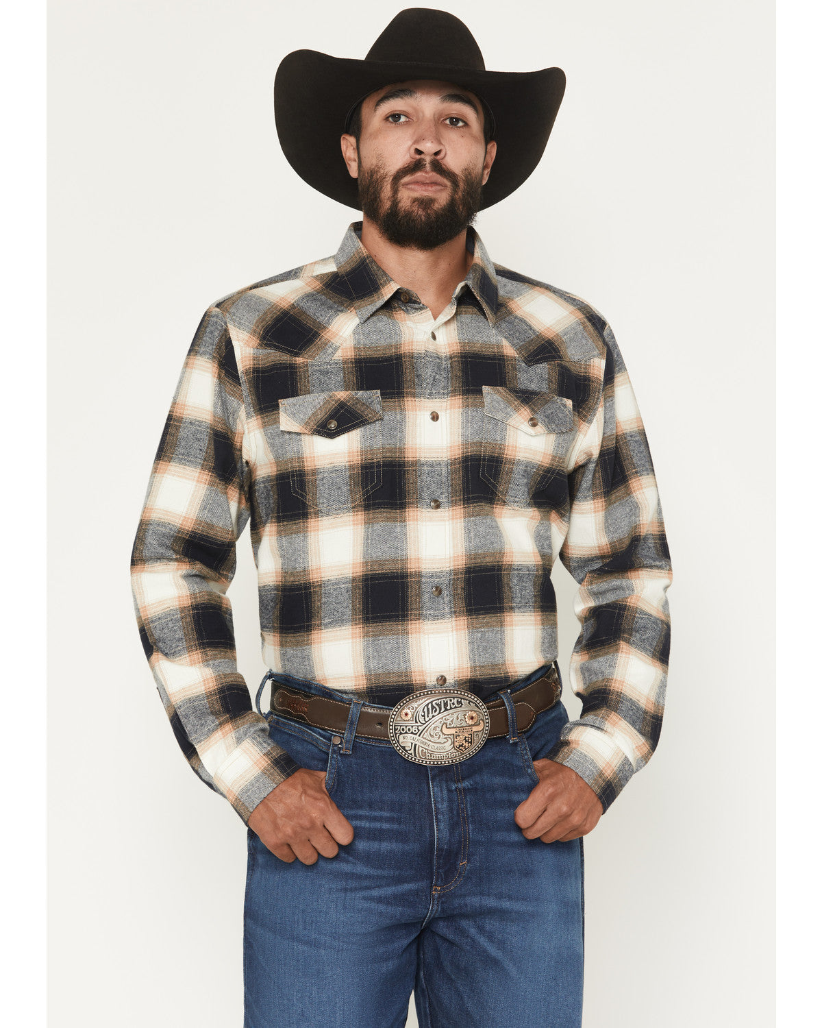 Men's Bull Rider Plaid Print Long Sleeve Snap Flannel Shirt Tan