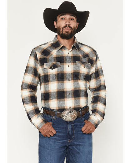 Men's Bull Rider Plaid Print Long Sleeve Snap Flannel Shirt Tan