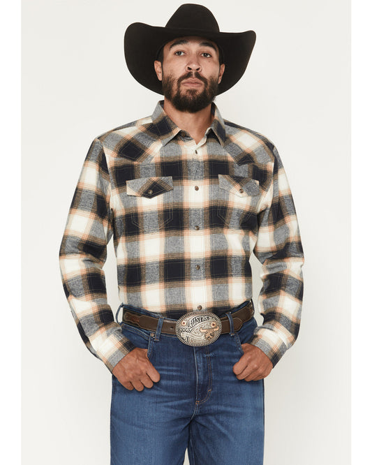 Men's Bull Rider Plaid Print Long Sleeve Snap Flannel Shirt Tan
