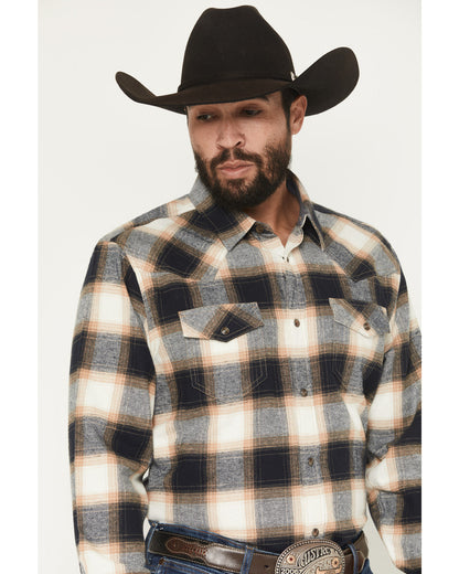 Men's Bull Rider Plaid Print Long Sleeve Snap Flannel Shirt Tan
