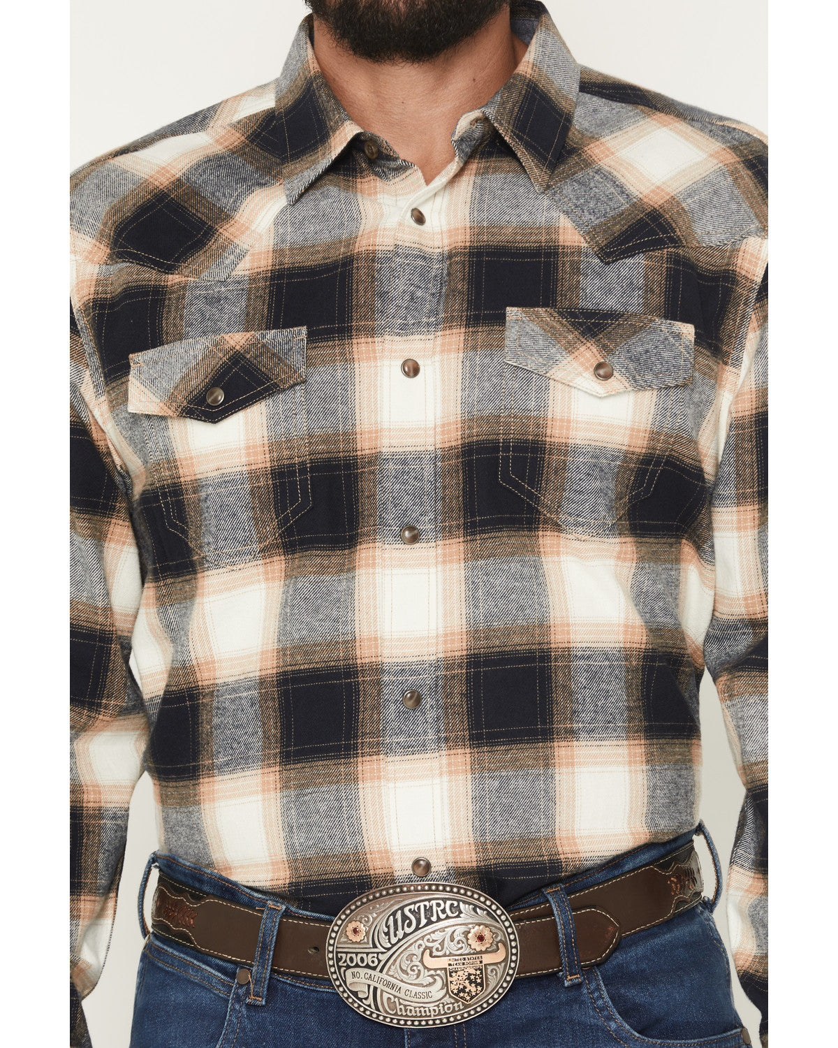 Men's Bull Rider Plaid Print Long Sleeve Snap Flannel Shirt Tan