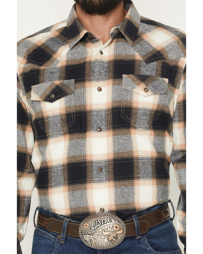 Men's Bull Rider Plaid Print Long Sleeve Snap Flannel Shirt Tan