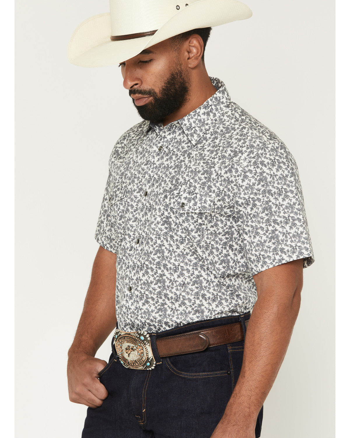 Men's Flynn Floral Print Short Sleeve Snap Western Shirt White
