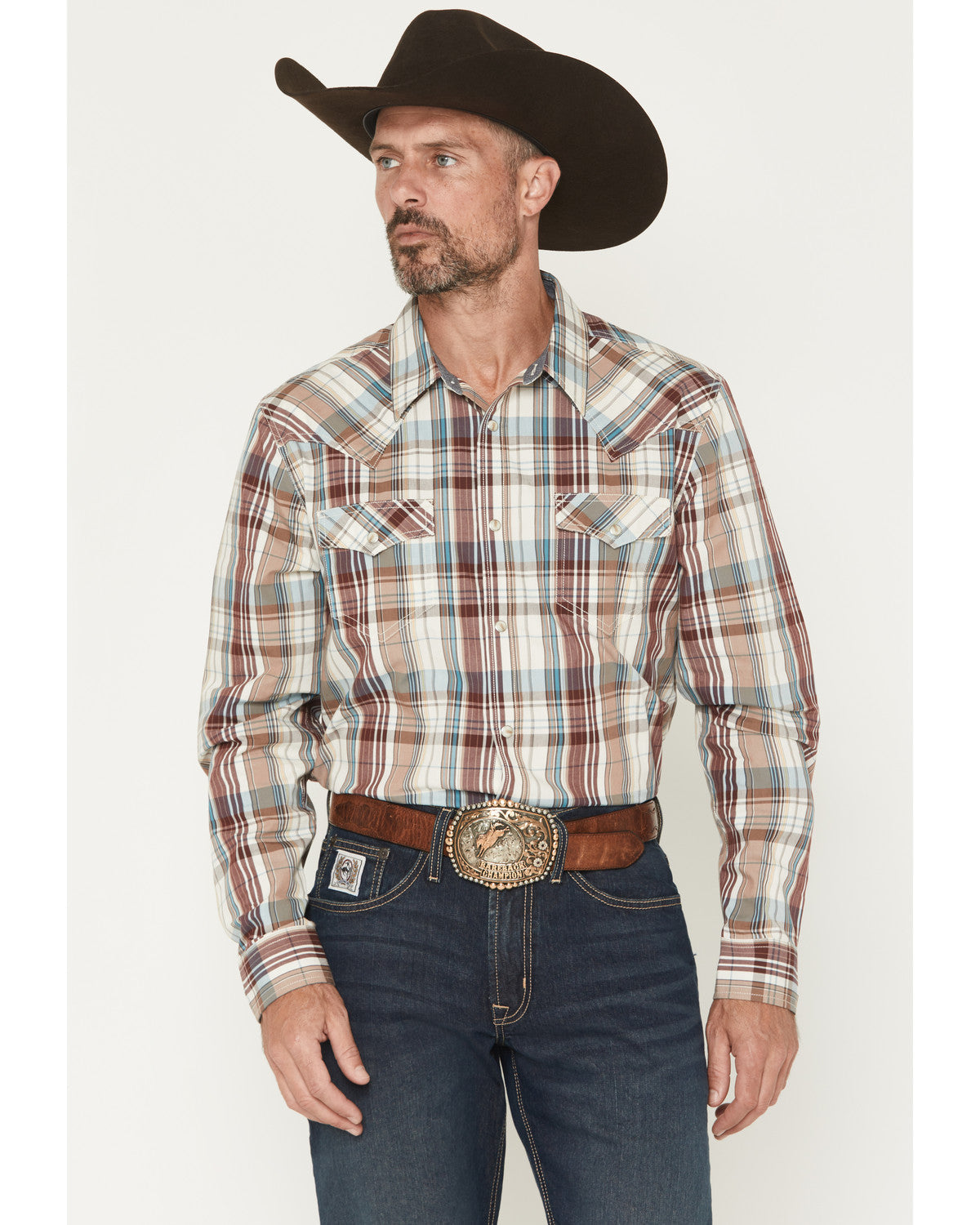 Men's Ridge Rider Plaid Print Long Sleeve Snap Western Shir Tan