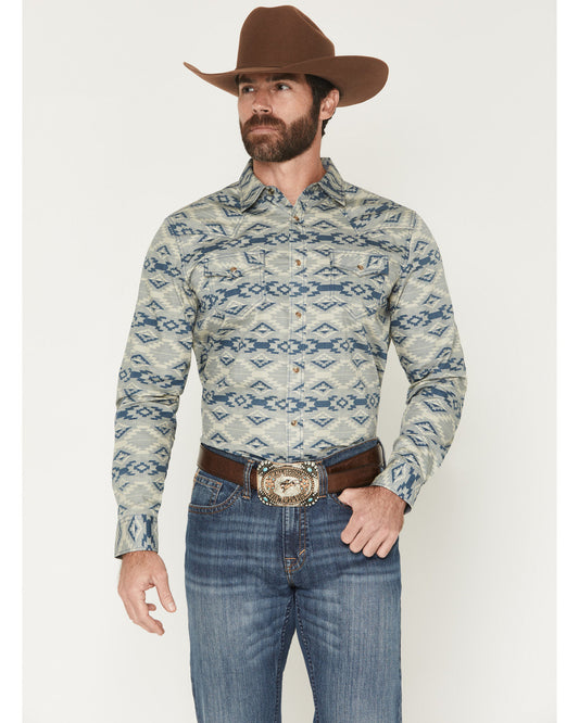 Men's Wider Southwestern Print Long Sleeve Snap Western Shi Tan