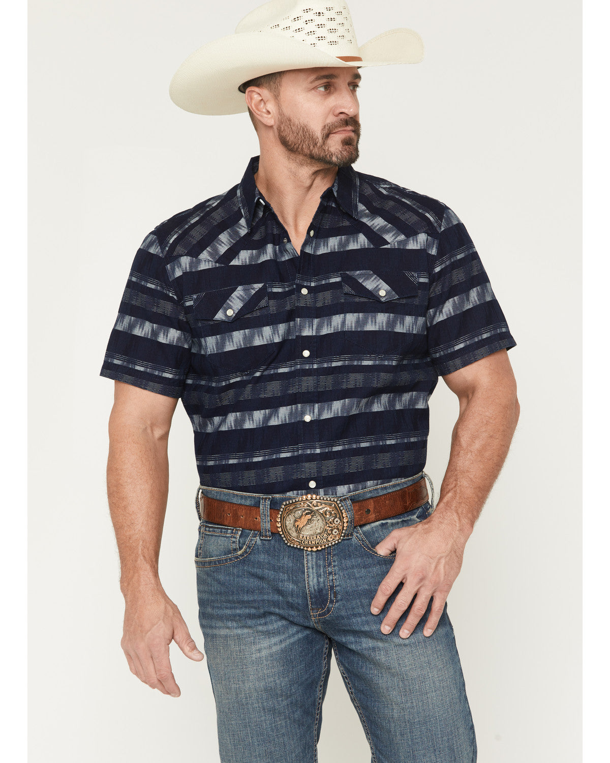Men's Ikat Striped Short Sleeve Pearl Snap Western Shirt Indigo