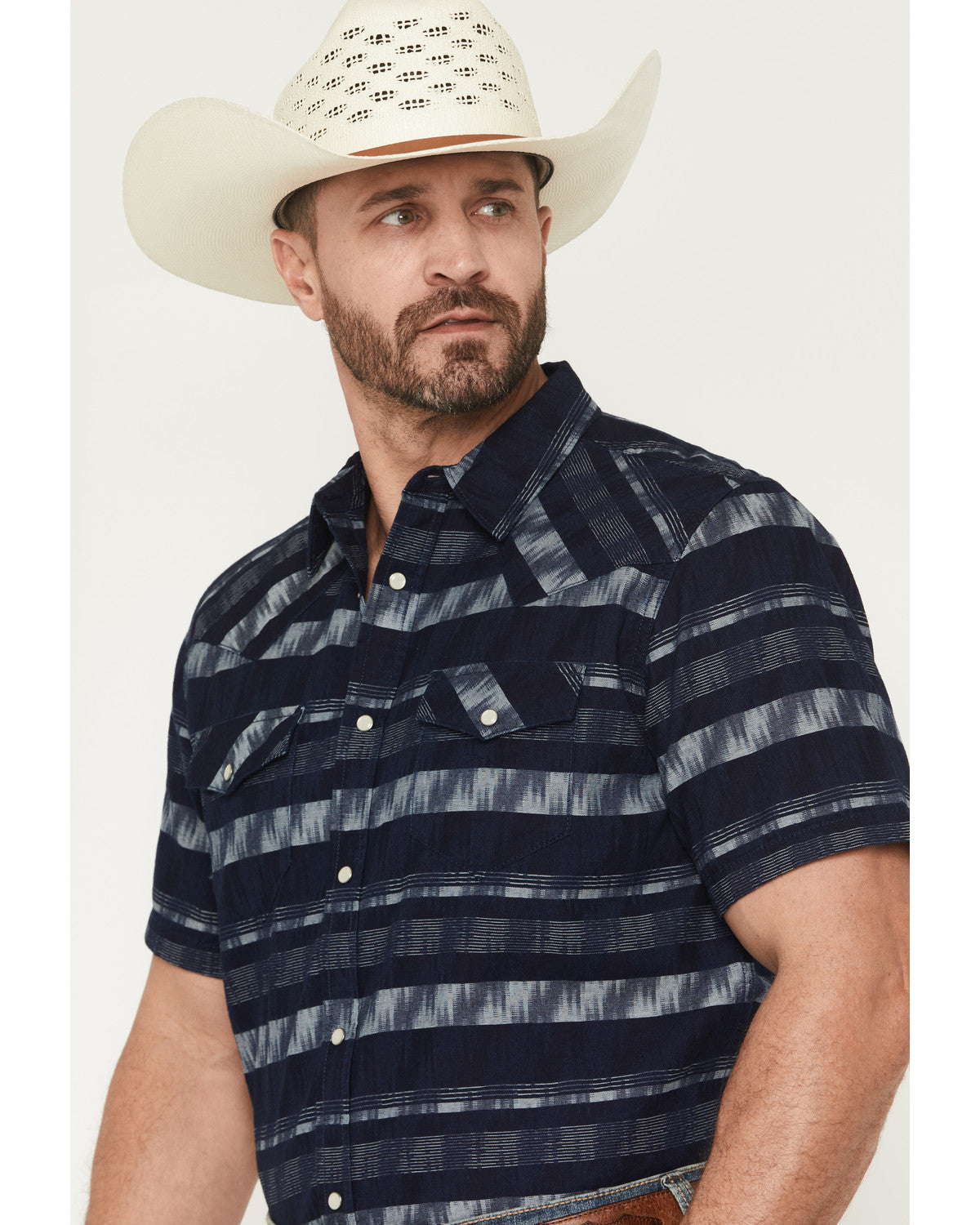 Men's Ikat Striped Short Sleeve Pearl Snap Western Shirt Indigo